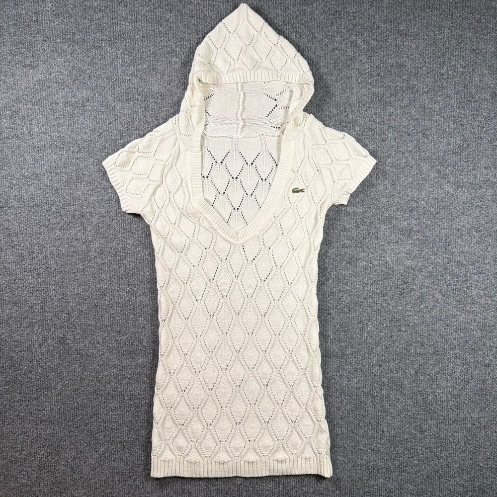 Lacoste Hooded Sweater Womens XS Cream Pointelle Knit Short Sleeve V-Neck Top